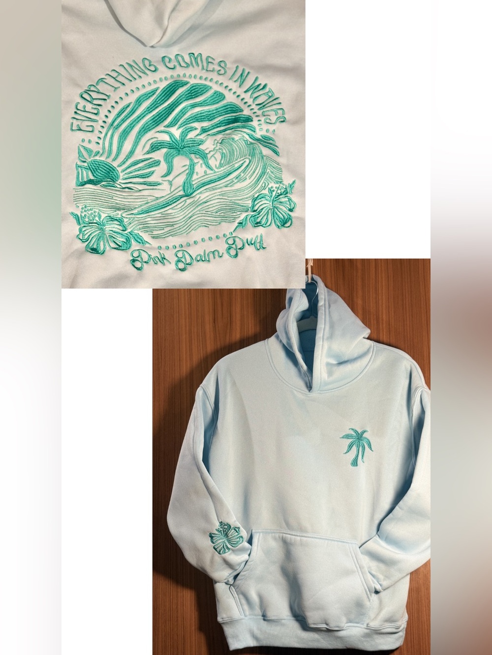 Pink Palm Puff Everything Comes in Waves Hoodie * Size XS * Baby Blue